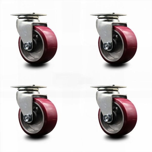 4 Inch Poly on Aluminum Wheel Swivel Caster Set with Ball Bearings SCC